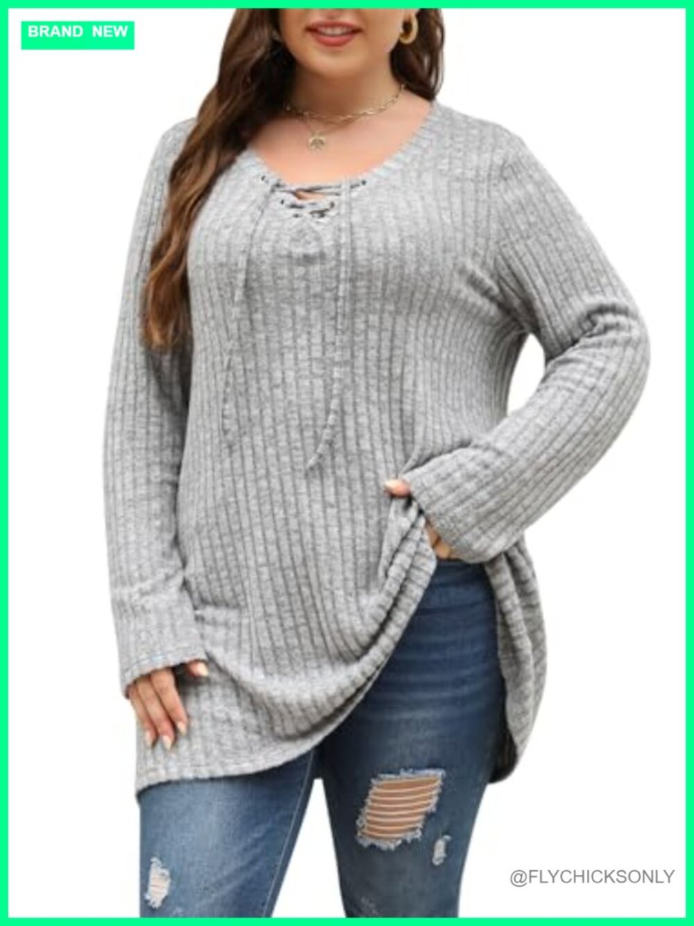 Plus Size Ribbed Knit Tunic Top V Neck Drawstring Long Sleeve